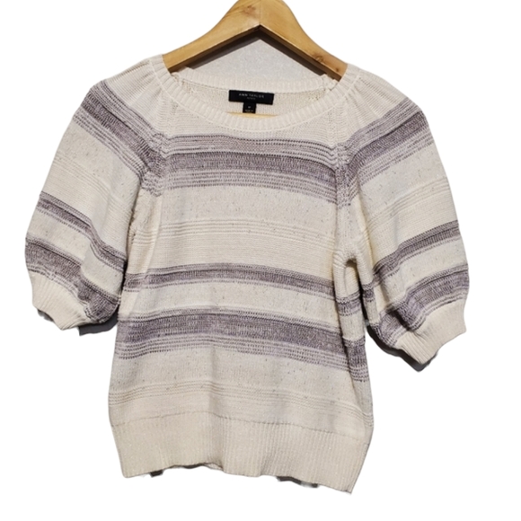 Ann Taylor Sweater Womens Petite Small Top Striped Short Sleeve Beige Grey - Picture 3 of 8